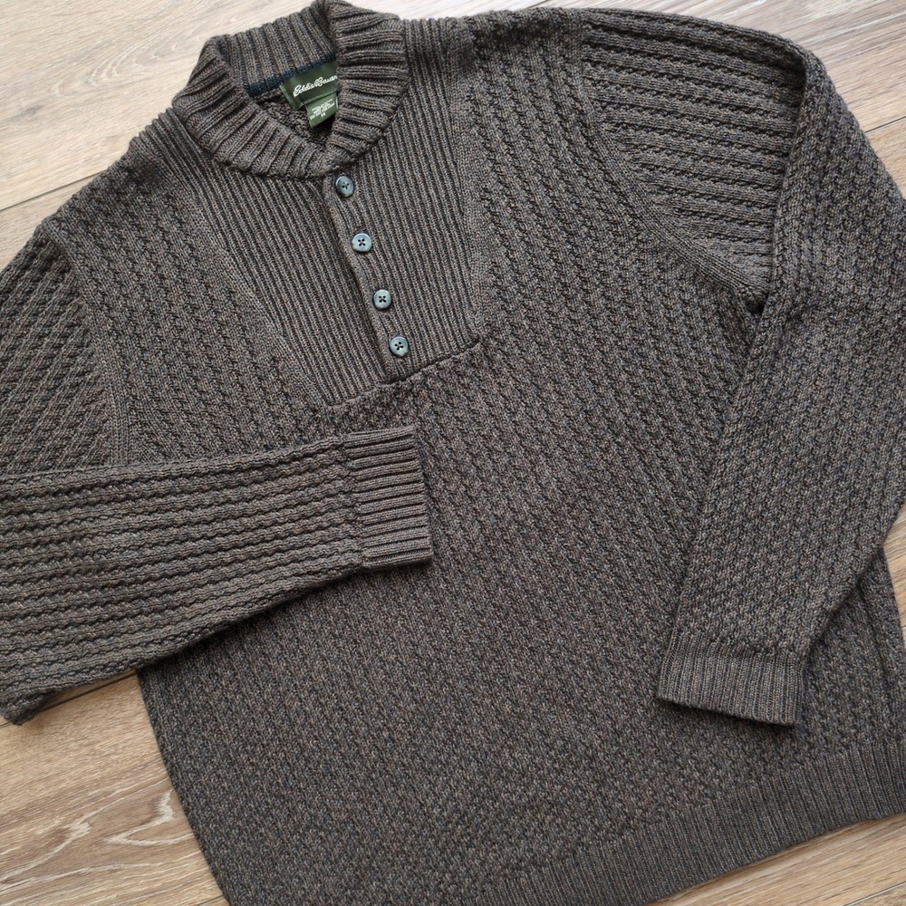 Eddie Bauer Sweater Brown Henley Mock Neck Textured Knit Fisherman Cotton M